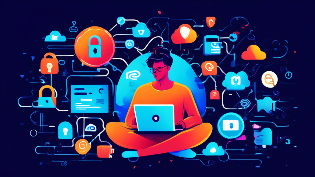 Create an image that illustrates the concept of online privacy, featuring a person using a laptop surrounded by various digital security elements such as padlocks, VPN symbols, encrypted messages, and fingerprint scanners. The background should include a mix of social media icons, email symbols, and cloud storage logos, all interconnected with protective layers. Use a vibrant yet secure and professional color palette to emphasize the importance and effectiveness of privacy measures.