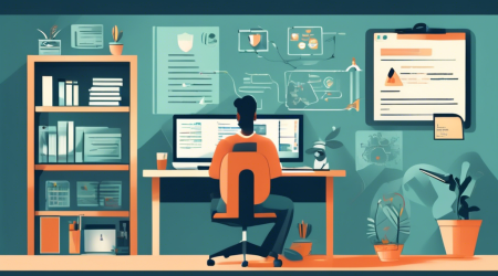 Create an illustration of a serene office setting where a professional is diligently working at a computer, developing a privacy policy. The screen should display a checklist of privacy elements such as data protection, user consent, transparency, and compliance. Include icons or symbols that represent security, like padlocks and shields, with a calm, professional atmosphere. The background could include bookshelves filled with reference books on data protection and privacy to emphasize the importance of thoroughness and accuracy.