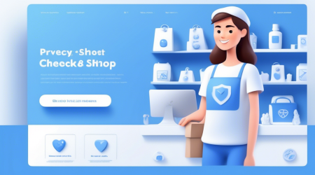 Create an image of a cozy online store homepage featuring a comforting blue and white color scheme. In the center, there's a large, prominently displayed Privacy Policy button. Surrounding the button are visuals of secure icons like locks, shields, and checkmarks, symbolizing safety and trust. The background shows a friendly shopkeeper assisting happy customers, while a scroll on a side panel provides a glimpse of detailed text indicating the privacy policy's importance.