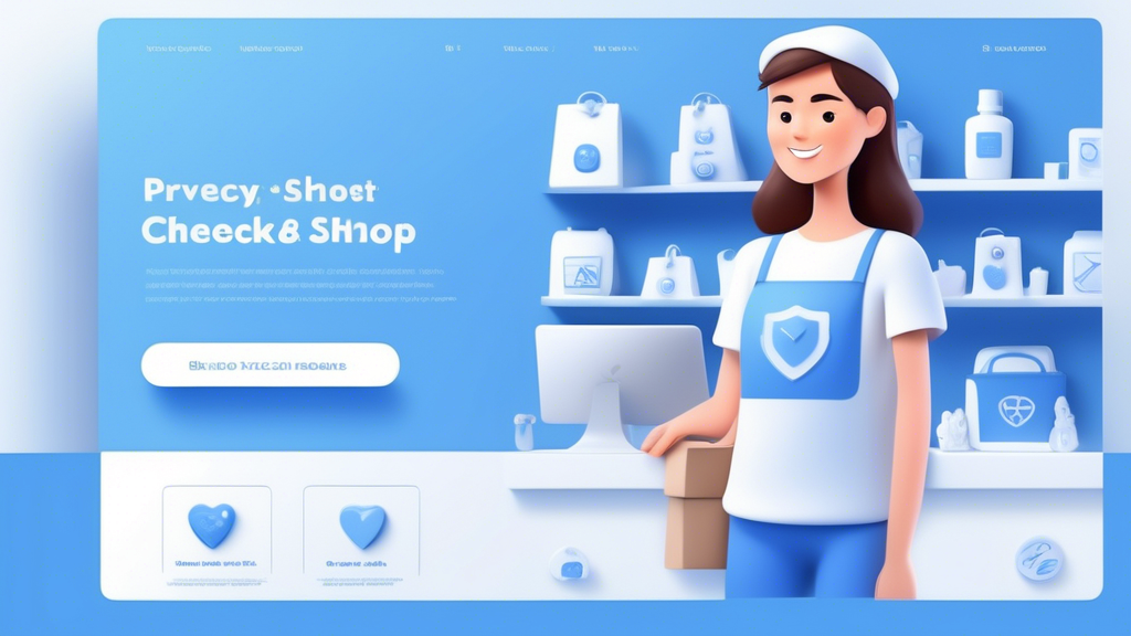 Create an image of a cozy online store homepage featuring a comforting blue and white color scheme. In the center, there's a large, prominently displayed Privacy Policy button. Surrounding the button are visuals of secure icons like locks, shields, and checkmarks, symbolizing safety and trust. The background shows a friendly shopkeeper assisting happy customers, while a scroll on a side panel provides a glimpse of detailed text indicating the privacy policy's importance.