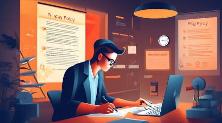 Create an image featuring a professional online store owner drafting a detailed privacy policy document. The setting is a modern, stylish office with a computer displaying the privacy policy text. The owner appears focused and thoughtful, surrounded by elements like secure locks, legal documents, and icons representing data privacy and protection. Soft lighting enhances the professional and trustworthy atmosphere.