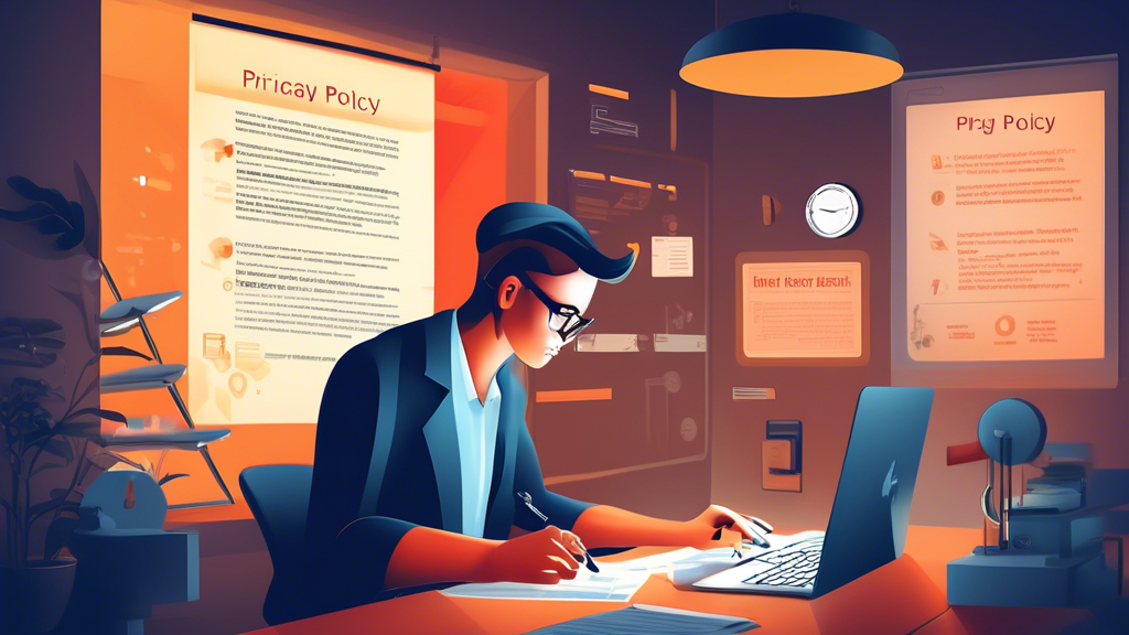 Create an image featuring a professional online store owner drafting a detailed privacy policy document. The setting is a modern, stylish office with a computer displaying the privacy policy text. The owner appears focused and thoughtful, surrounded by elements like secure locks, legal documents, and icons representing data privacy and protection. Soft lighting enhances the professional and trustworthy atmosphere.