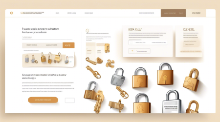 Illustrate a modern online store website interface featuring a prominently displayed Privacy Policy section. Include visually appealing elements such as secure padlocks, shopping carts, and virtual storefront icons. Emphasize a professional and trustworthy ambiance with clean lines and a neutral color palette to convey transparency and security.