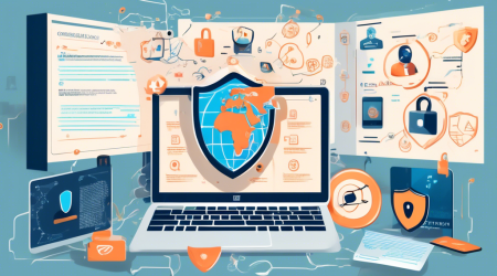 A detailed illustration of essential tips for online privacy protection, featuring a secure computer screen with a strong password, a VPN in use, two-factor authentication symbols, a padlock, a magnifying glass over privacy policies, an antivirus shield, encrypted messages, and a person cautious about sharing information on social media. The background showcases a digital world map with cybersecurity icons.