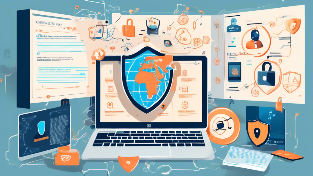 A detailed illustration of essential tips for online privacy protection, featuring a secure computer screen with a strong password, a VPN in use, two-factor authentication symbols, a padlock, a magnifying glass over privacy policies, an antivirus shield, encrypted messages, and a person cautious about sharing information on social media. The background showcases a digital world map with cybersecurity icons.