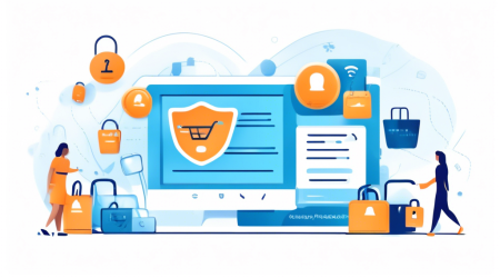 Create an image of a modern online store homepage that includes elements like a shopping cart, customer login portal, and product listings. Overlay the scene with icons and symbols representing privacy and security, such as padlocks, shields, and checkmarks. Include a magnifying glass hovering over a document labeled 'Privacy Policy' to indicate transparency and attention to user data protection.