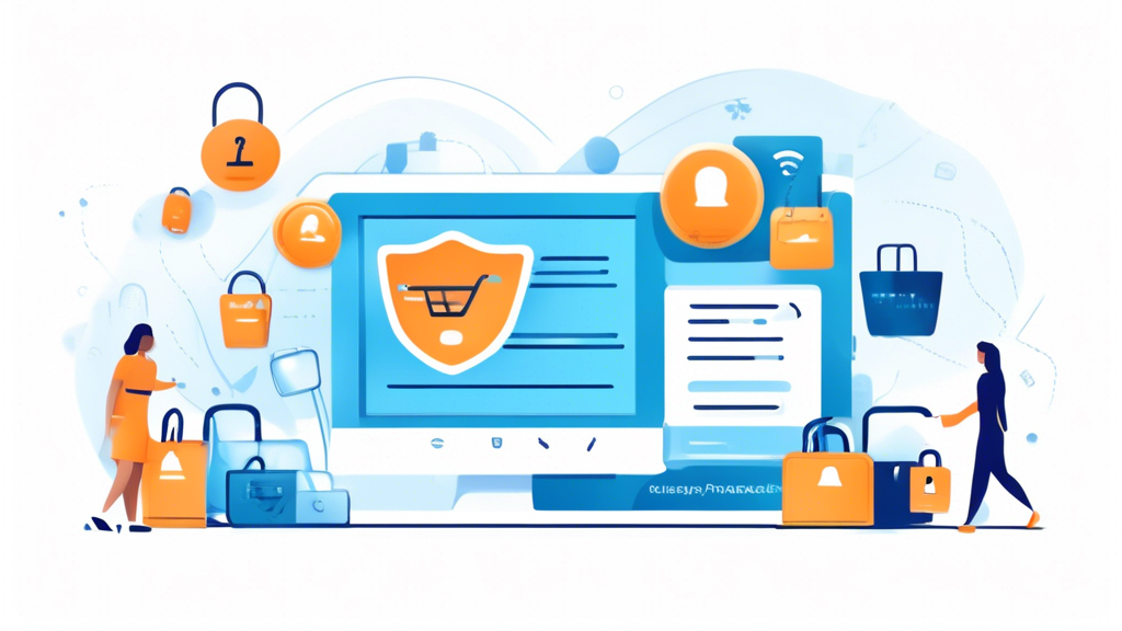 Create an image of a modern online store homepage that includes elements like a shopping cart, customer login portal, and product listings. Overlay the scene with icons and symbols representing privacy and security, such as padlocks, shields, and checkmarks. Include a magnifying glass hovering over a document labeled 'Privacy Policy' to indicate transparency and attention to user data protection.