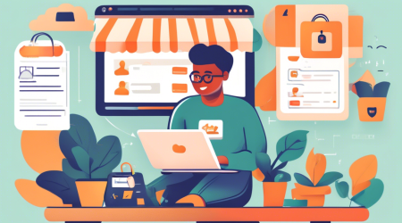 Illustration of a friendly online store owner creating a privacy policy on a laptop. The screen shows text and icons related to privacy, such as a padlock, shield, and checkmark. The background features a cozy, organized workspace with elements like a shopping cart, product shelves, and a 'Privacy Policy' document prominently placed. The atmosphere is professional yet approachable, reflecting trust and transparency.