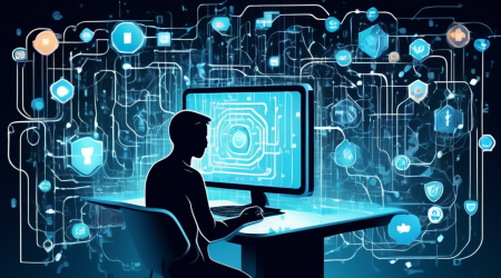 An illustration showing a person using a computer, surrounded by digital shield icons and privacy locks, all set against a backdrop of interconnected data lines and abstract digital elements representing the internet. The overall theme is the importance of online privacy and security in the modern digital age.