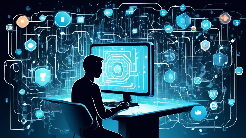 An illustration showing a person using a computer, surrounded by digital shield icons and privacy locks, all set against a backdrop of interconnected data lines and abstract digital elements representing the internet. The overall theme is the importance of online privacy and security in the modern digital age.