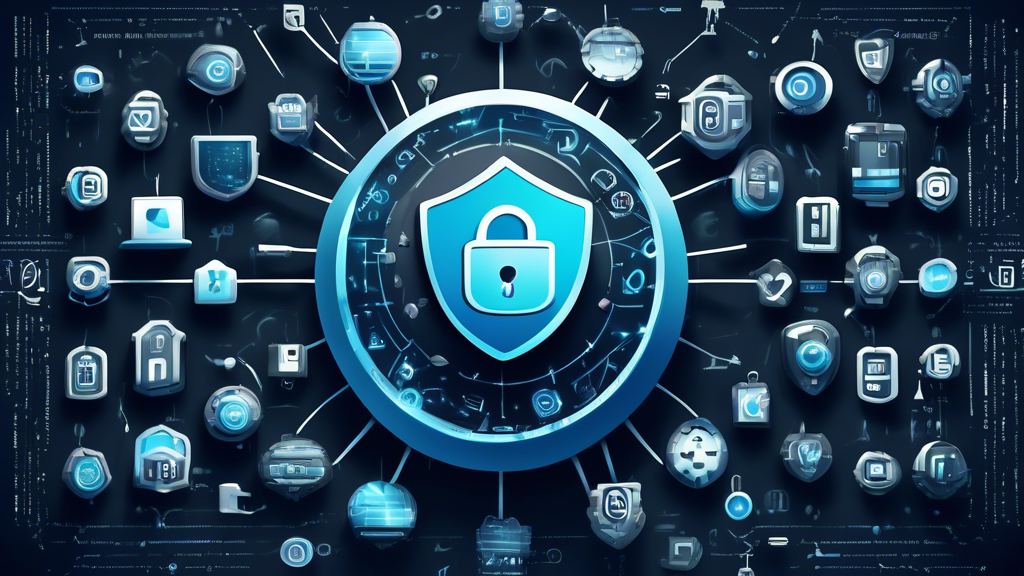 Create an image of a digital shield made of various symbols representing online privacy, such as locks, keys, and encryption codes, surrounding and protecting a floating globe. The background should feature a modern, high-tech interface with some recognizable icons of popular online privacy protection services subtly integrated into the design.