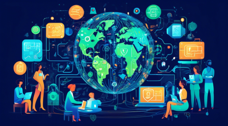 Create an illustration showcasing a high-tech, futuristic digital shield protecting a group of diverse, happy internet users surrounded by various icons representing different online privacy services (VPNs, antivirus software, encryption tools). The background shows a giant globe made of interconnected circuits symbolizing the global internet. Use a vibrant color palette with a mix of blues, greens, and metallics to give it a secure yet modern feel.