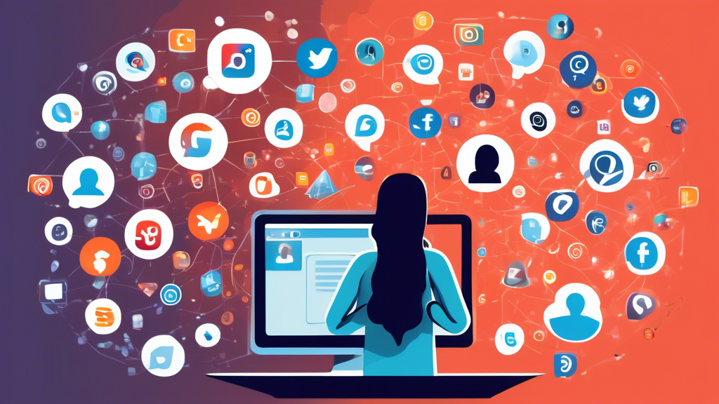 A detailed illustration showing a person using a computer with Abine DeleteMe software, surrounded by floating icons representing various social media platforms, search engines, and data brokers, being erased or deleted. The background includes a shield symbolizing online privacy and security, with a digital lock symbol to emphasize the concept of protecting personal information online.