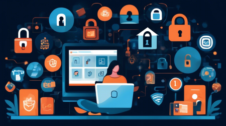 Create an image that illustrates the concept of digital privacy and security. Show a person using a laptop in a cozy home setting, surrounded by symbols of security such as locks, shields, and encrypted codes. Include elements like a padlock on the laptop screen, a fingerprint scanner, and interconnected icons representing safe data transfer, to convey the importance of protecting online information.