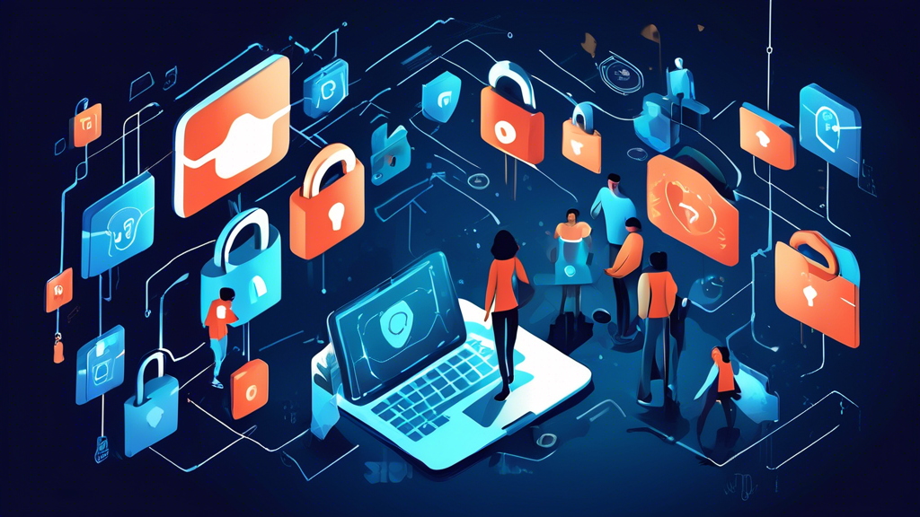 Create an illustration that emphasizes the importance of online privacy and security, featuring a diverse group of people using their devices securely. Include elements such as padlocks, shields, and secure connections symbols. The background should depict a digital environment with binary code flowing, and a balance of light and dark tones to signify the protection against cyber threats.