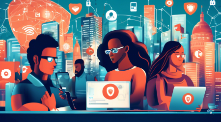 Create an image depicting a diverse group of individuals using various devices such as laptops, smartphones, and tablets, surrounded by symbols of internet privacy like padlocks, shields, and VPN icons. In the background, display a bustling cityscape with billboards highlighting different internet privacy companies. The atmosphere should feel modern and tech-savvy, emphasizing security and protection of personal data.