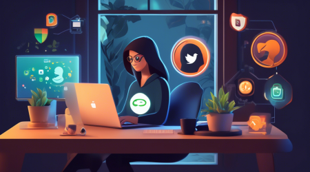 Create an image of a person using a laptop in a cozy, modern home setting. The screen displays various icons representing top secure private browsers such as Tor, Brave, and DuckDuckGo. Surround the laptop are additional security elements like a digital lock, shield, and encryption symbols. The background includes a serene atmosphere with warm lighting, plants, and a window showing a safe, tranquil neighborhood outside.