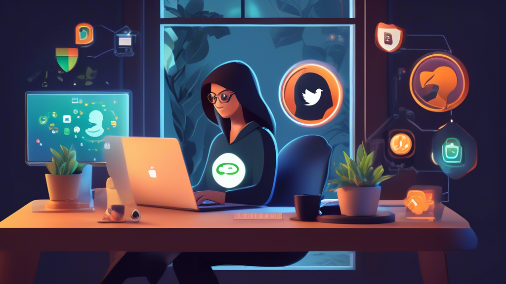 Create an image of a person using a laptop in a cozy, modern home setting. The screen displays various icons representing top secure private browsers such as Tor, Brave, and DuckDuckGo. Surround the laptop are additional security elements like a digital lock, shield, and encryption symbols. The background includes a serene atmosphere with warm lighting, plants, and a window showing a safe, tranquil neighborhood outside.