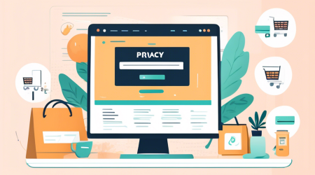 Create a detailed illustration of an online store's privacy policy document, displayed on a modern, sleek computer screen. The document should be divided into sections with headings like 'Data Collection', 'Cookies', 'User Consent', and 'Third-Party Services'. The background of the workspace should include elements representative of an online store, such as shopping carts, products, and sale tags. The overall design should look professional, user-friendly, and trustworthy.