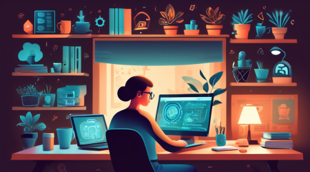 A detailed illustration of a person using a laptop at a cozy home office, surrounded by various visible icons and symbols representing online privacy: locks, shields, encrypted codes, magnifying glasses over a browser, and VPN tunnels. The background features a softly illuminated room with bookshelves, plants, and a coffee mug, giving a serene and secure ambiance.