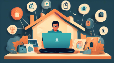 Create an image of a person using a laptop in a cozy home setting, with digital shields and locks symbolizing online security surrounding the screen. The background should subtly feature icons of various online services and social media platforms, illustrating the concept of private protection on the internet.