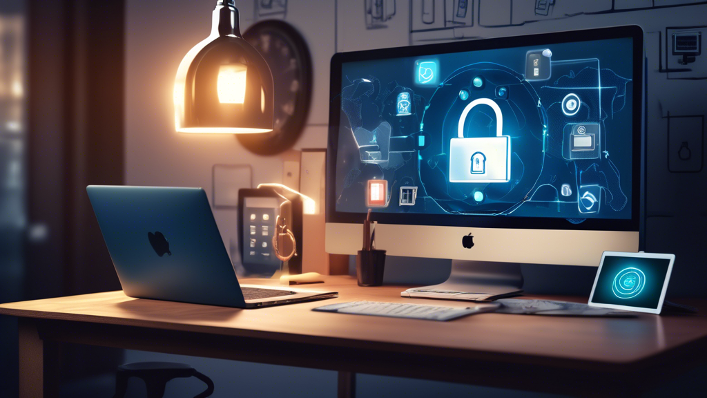 Create an image featuring a modern workspace with a laptop displaying a padlock icon on the screen. Around the laptop, include various elements symbolizing digital privacy protection such as a fingerprint scanner, a secure VPN connection icon, an antivirus software logo, and a two-factor authentication device. The room should feel tech-savvy yet secure, with soft lighting and a visually clean aesthetic.