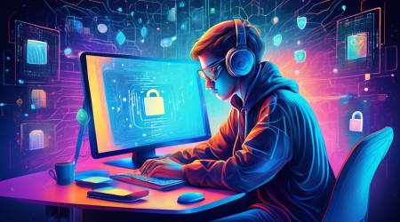 Create a detailed illustration of a person sitting at their computer, surrounded by vibrant holographic shields and locks representing internet privacy and security. The background should feature interconnected networks and digital code, emphasizing advanced digital safety measures. The scene should convey a sense of protection, vigilance, and modern technology.