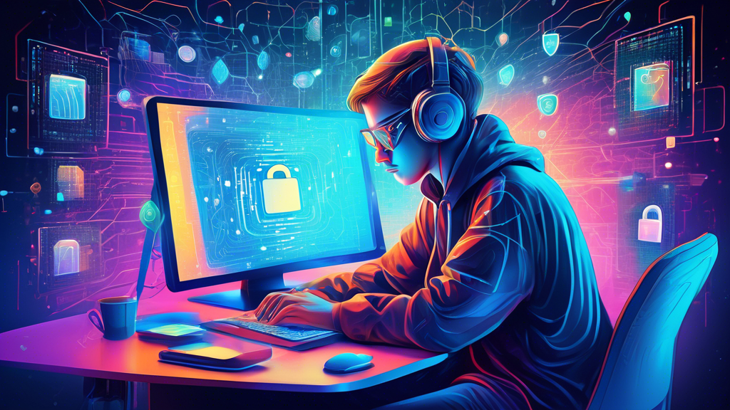 Create a detailed illustration of a person sitting at their computer, surrounded by vibrant holographic shields and locks representing internet privacy and security. The background should feature interconnected networks and digital code, emphasizing advanced digital safety measures. The scene should convey a sense of protection, vigilance, and modern technology.