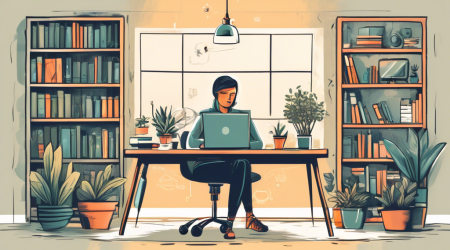 Create an image of a person using a laptop in a cozy home office, surrounded by visual elements symbolizing online data protection, such as a padlock, shield, antivirus software icons, and encrypted data symbols. The background should include bookshelves and a plant to give a comfortable and secure atmosphere.