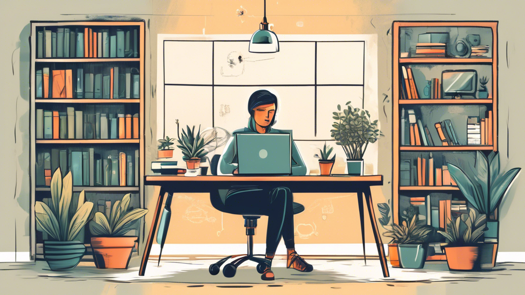 Create an image of a person using a laptop in a cozy home office, surrounded by visual elements symbolizing online data protection, such as a padlock, shield, antivirus software icons, and encrypted data symbols. The background should include bookshelves and a plant to give a comfortable and secure atmosphere.