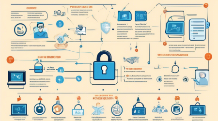 A detailed infographic showcasing essential tips for protecting personal information online, including actions like using strong, unique passwords, enabling two-factor authentication, avoiding suspicious links, regularly updating software, and using VPNs. The background is a modern digital interface with padlocks, shields, and security icons, emphasizing the theme of cybersecurity.