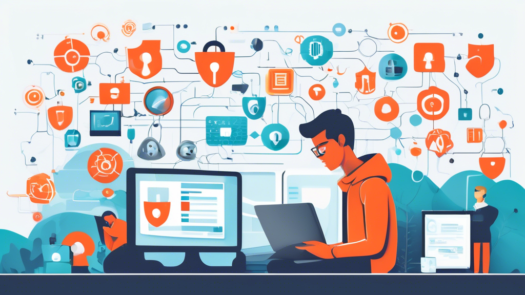 Create an image that depicts a person browsing the internet securely with various internet privacy tools around them, such as a VPN, a firewall, and encrypted messaging applications. The background should have subtle icons representing data protection and privacy, like padlocks, shields, and secure connections, all seamlessly integrated into a modern, sleek, and tech-savvy environment. The overall mood should convey safety, trust, and technological efficiency.