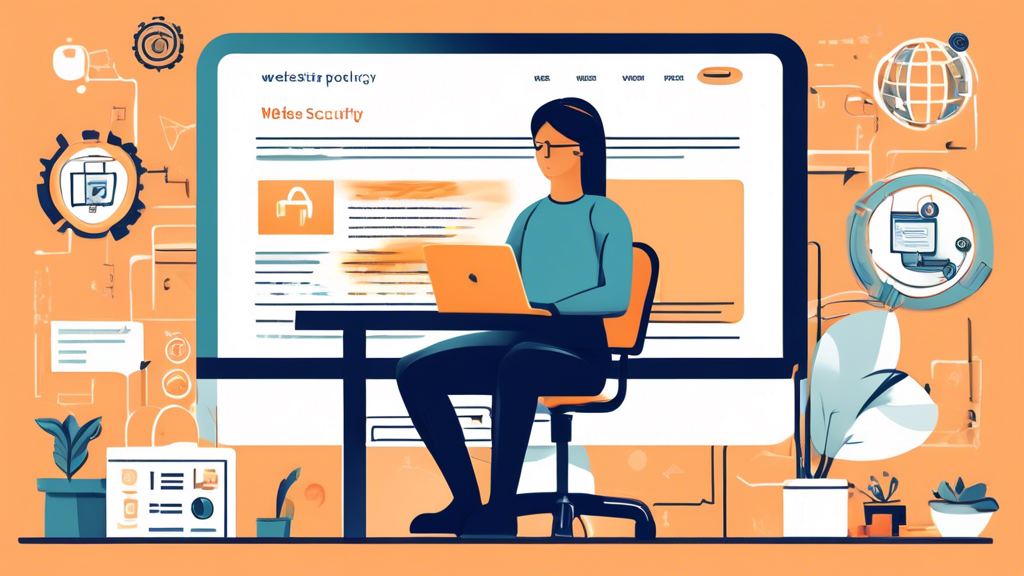 Create a detailed illustration of a person sitting at a computer, using a website builder to generate a privacy policy for their website. The background should show various icons representing website security, privacy, and legal documents. Include elements like a website with text fields, a 'Submit' button, and visual representations of user data protection, like a padlock and shield.