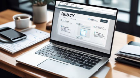 Create a visually engaging image depicting a modern laptop on a sleek desk, showing a website with a 'Privacy Policy' section open. Surrounding the laptop are checklists, security icons like padlocks and shields, and a step-by-step guide chart. The scene should illustrate the process of creating a free, simple privacy policy for a website, emphasizing clarity, security, and simplicity.