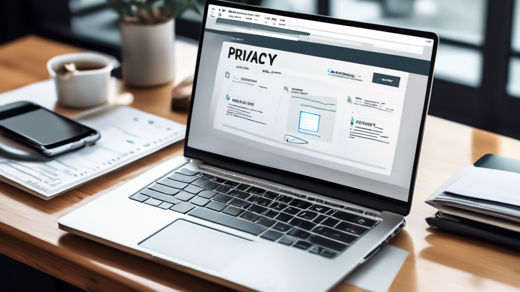 Create a visually engaging image depicting a modern laptop on a sleek desk, showing a website with a 'Privacy Policy' section open. Surrounding the laptop are checklists, security icons like padlocks and shields, and a step-by-step guide chart. The scene should illustrate the process of creating a free, simple privacy policy for a website, emphasizing clarity, security, and simplicity.