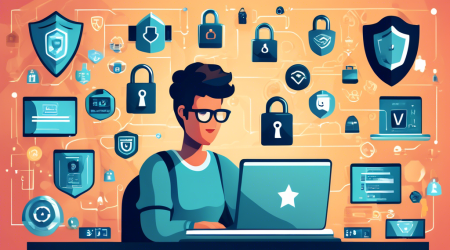 Create an image that represents online privacy protection. Show a person sitting at a computer surrounded by digital locks, shields, and security icons. Include elements like VPN symbols, encrypted messaging, strong passwords, anti-virus software, and two-factor authentication. Use a modern, tech-savvy aesthetic with a clean, organized design to highlight the importance of safeguarding personal information on the internet.