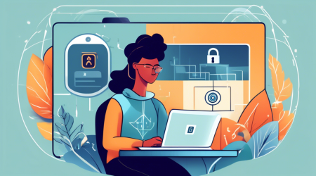 Create a digital illustration showing a person securely using a laptop in a safe, modern home environment. Include visual elements like a padlock symbol on the screen, encrypted data streams, and icons representing multi-factor authentication and strong passwords. Surround the person with shield symbols to signify protection, and make sure the overall mood is positive and empowering.