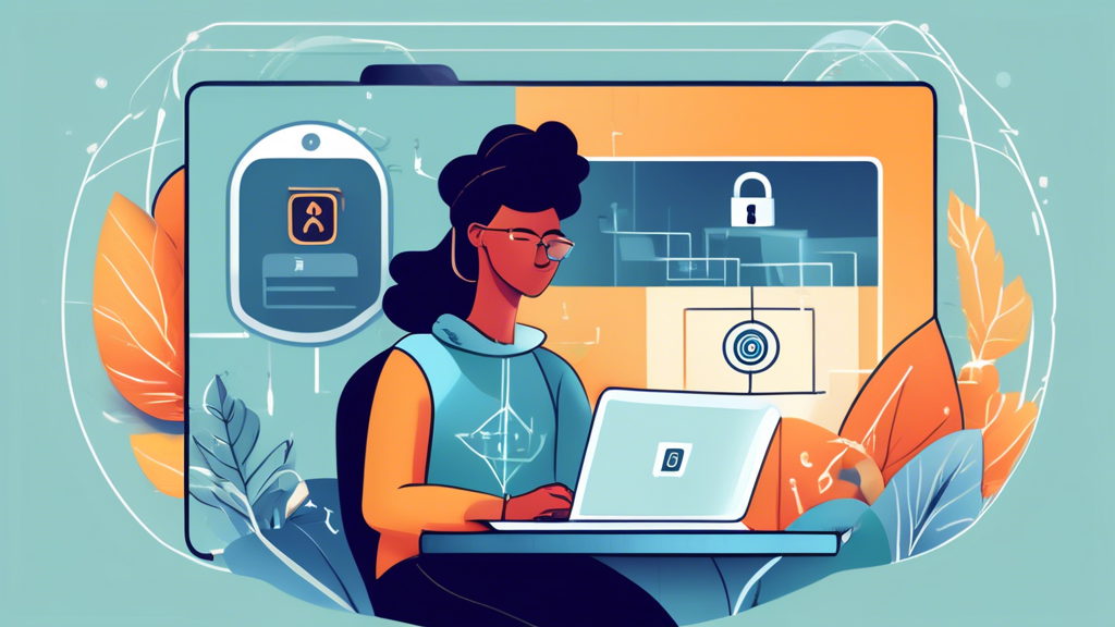 Create a digital illustration showing a person securely using a laptop in a safe, modern home environment. Include visual elements like a padlock symbol on the screen, encrypted data streams, and icons representing multi-factor authentication and strong passwords. Surround the person with shield symbols to signify protection, and make sure the overall mood is positive and empowering.