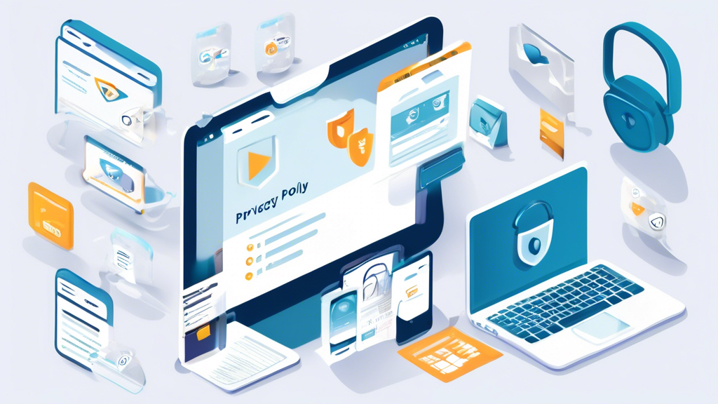 Create an image that depicts a modern online store with various devices like a laptop, tablet, and smartphone displaying the store's homepage. In the foreground, show a document titled Privacy Policy with clear text and icons representing data protection, security, and user consent. The background should include symbols or elements that convey trust and transparency, such as a lock, shield, and checkmarks. Use a professional and clean design style to reflect the importance of privacy in e-commerce.