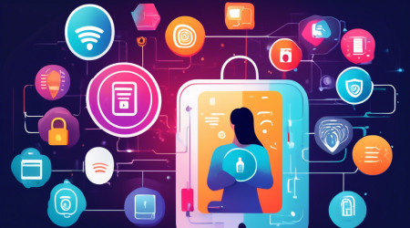 Create an image illustrating various strategies for protecting personal data online. Include elements such as a person using a fingerprint scanner on a smartphone, a padlock symbolizing secure passwords, a VPN shield, antivirus software icons, encrypted communication symbols, and a person managing their privacy settings on social media. Use a mix of modern digital technology aesthetics and vibrant, clean visuals to convey a sense of security and vigilance.