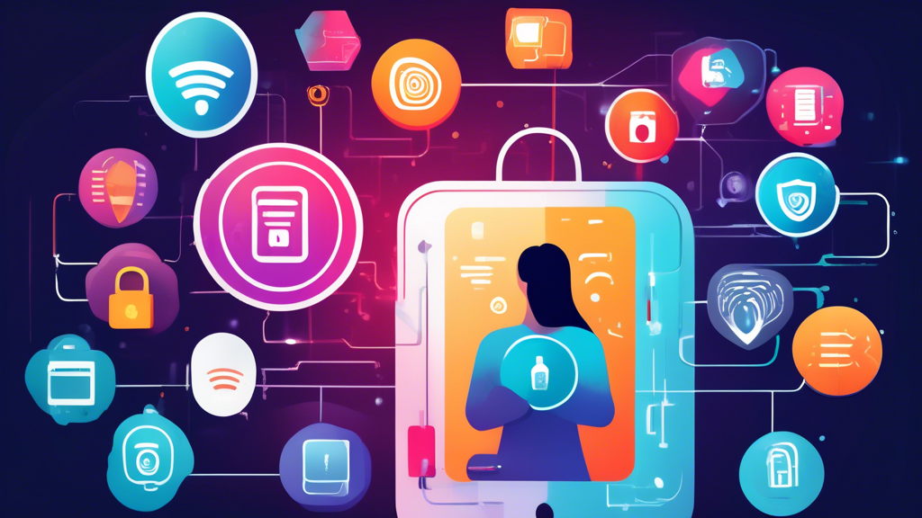 Create an image illustrating various strategies for protecting personal data online. Include elements such as a person using a fingerprint scanner on a smartphone, a padlock symbolizing secure passwords, a VPN shield, antivirus software icons, encrypted communication symbols, and a person managing their privacy settings on social media. Use a mix of modern digital technology aesthetics and vibrant, clean visuals to convey a sense of security and vigilance.