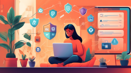 A highly detailed digital illustration showing a person using a laptop in a cozy home setting. The screen displays various security icons like strong passwords, two-factor authentication, and antivirus software. Around the user, visual representations of online threats such as phishing emails and malware are being blocked by shields, locks, and walls. The image has a friendly and informative feel, encouraging safe online practices.