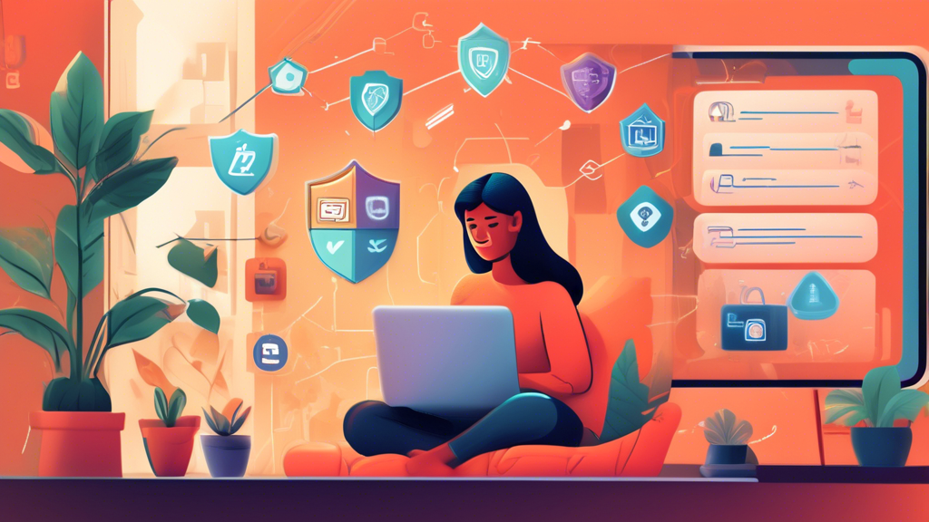 A highly detailed digital illustration showing a person using a laptop in a cozy home setting. The screen displays various security icons like strong passwords, two-factor authentication, and antivirus software. Around the user, visual representations of online threats such as phishing emails and malware are being blocked by shields, locks, and walls. The image has a friendly and informative feel, encouraging safe online practices.