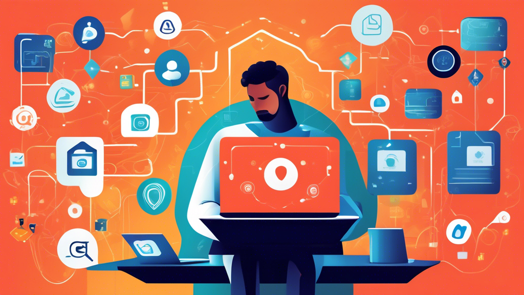 Create an illustration that depicts a person using a laptop, surrounded by icons representing personal information like email, social media, credit card details, and location data, enclosed within a shield symbolizing protection. In the background, abstract representations of data streams and digital networks should be visible. The scene should convey a sense of security and vigilance regarding online data privacy.