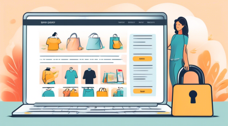 Create an image of an online shop with a focus on a detailed privacy policy page displayed on a laptop screen. The scene should include diverse customers browsing the website, with a padlock icon and a privacy policy text highlighted prominently on the screen. The atmosphere should feel secure and trustworthy, with soft, welcoming colors.