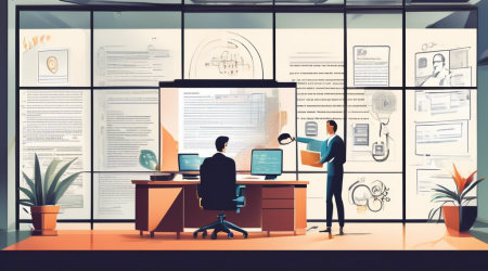 Create an image depicting a professional web developer and a lawyer collaborating on a detailed privacy policy document in a modern office space. The scene should include a computer screen displaying a website privacy policy section, legal books, and coding elements. The background should subtly incorporate symbols of privacy such as padlocks and secure communication icons.