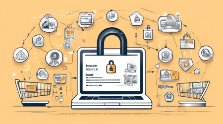 Create a detailed illustration of a professional online store with a secure digital padlock symbol and privacy policy document prominently displayed. The background should feature engaging elements like shopping icons, secure payment logos, and customer support features. Include diverse characters happily browsing and interacting with the store, emphasizing trust and security.