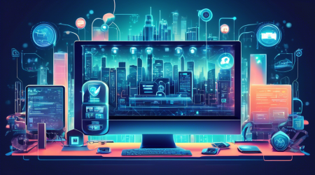 Create a detailed digital illustration of a modern, sleek computer setup surrounded by various elements symbolizing internet privacy, such as padlocks, shields, and encrypted data streams, with a futuristic cityscape in the background. A banner at the top reads 'Best Internet Privacy Software for 2023.'