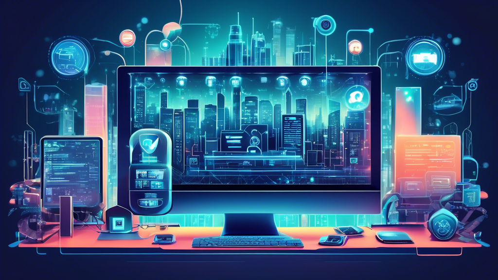 Create a detailed digital illustration of a modern, sleek computer setup surrounded by various elements symbolizing internet privacy, such as padlocks, shields, and encrypted data streams, with a futuristic cityscape in the background. A banner at the top reads 'Best Internet Privacy Software for 2023.'