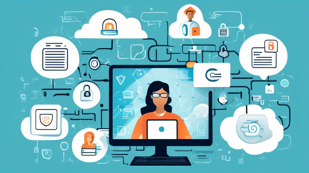 Create an image that depicts various methods of ensuring data privacy online. The image should include elements such as a person using a laptop surrounded by shields and locks, a mobile phone with a fingerprint scanner, padlocks on data files, a VPN icon, and a secure network connection symbol. Include text bubbles with tips like Use strong passwords, Enable two-factor authentication, Regularly update software, and Be cautious of phishing scams. The overall theme should convey a sense of security and protection in a digital environment.